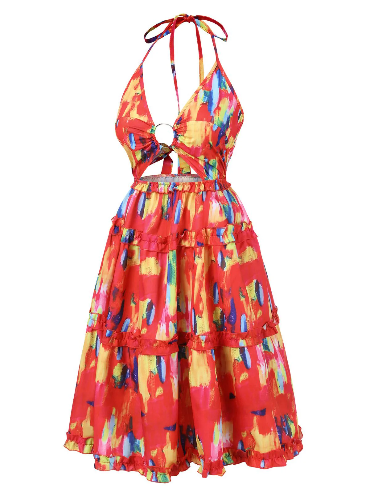 Red 1950s Hollow Out Ruffles Halter Dress - Image 3