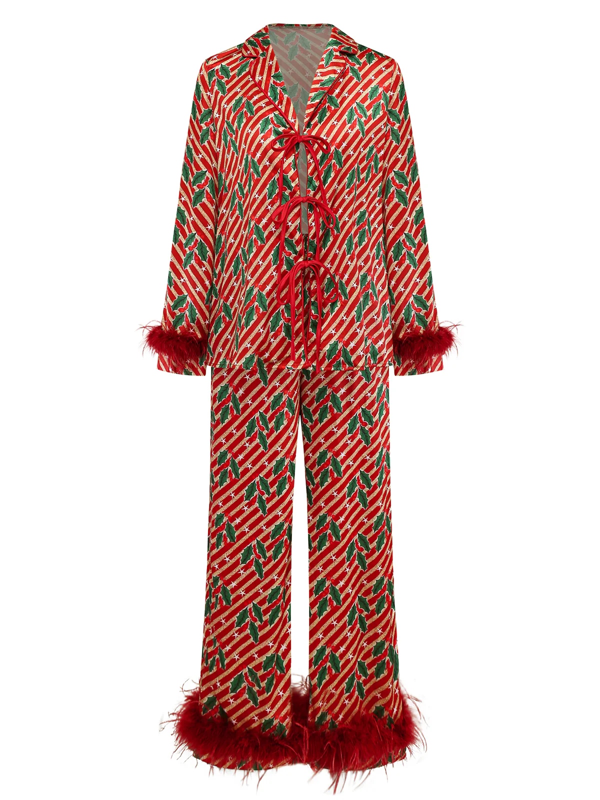 Red 1950s Holly & Candy Cane Stripes Feather Pajama Set - Image 2