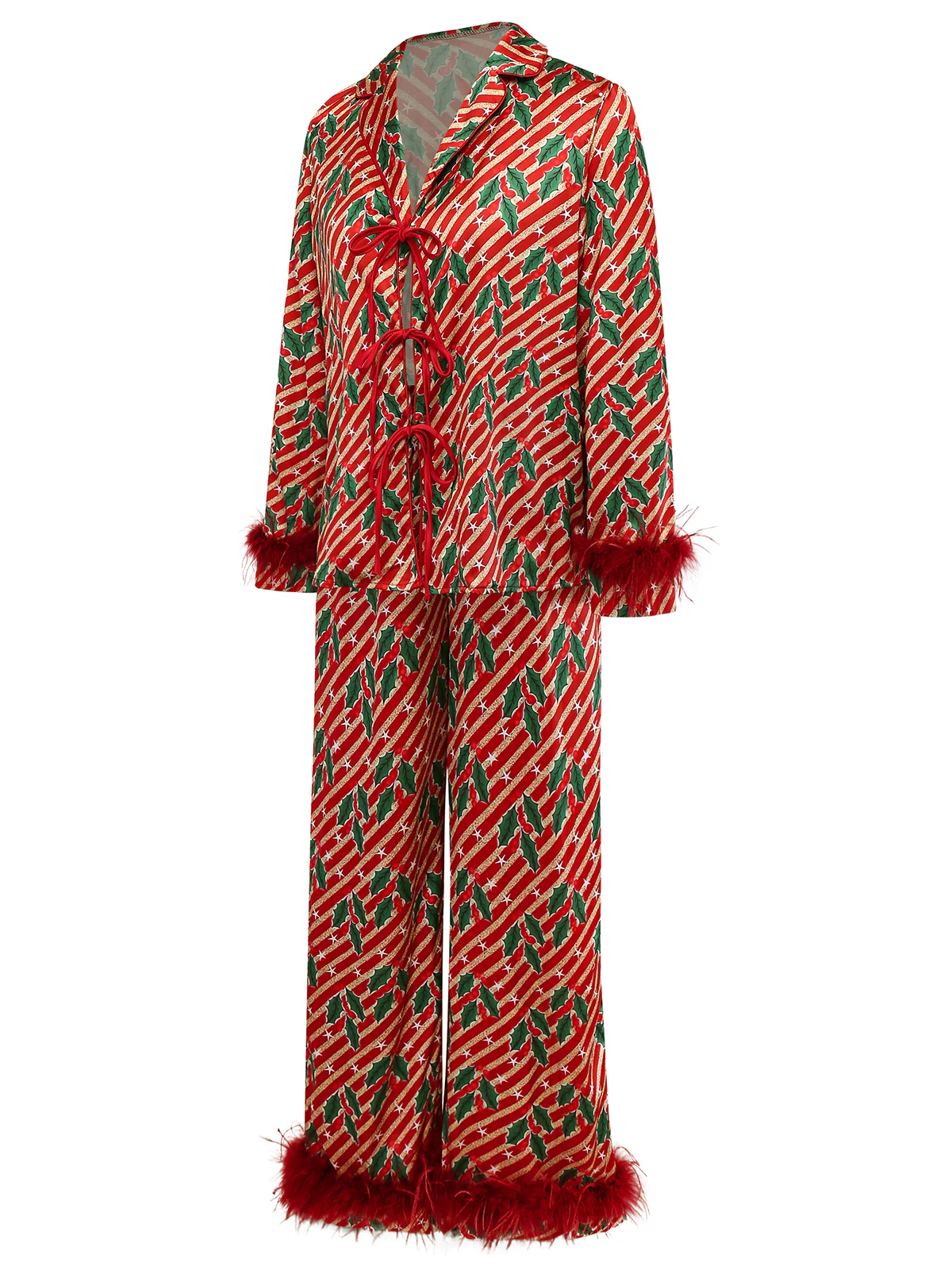 Red 1950s Holly & Candy Cane Stripes Feather Pajama Set - Image 3