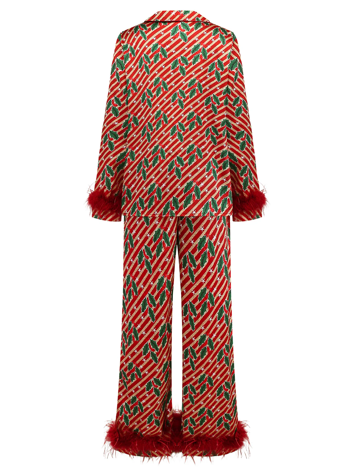 Red 1950s Holly & Candy Cane Stripes Feather Pajama Set - Image 4
