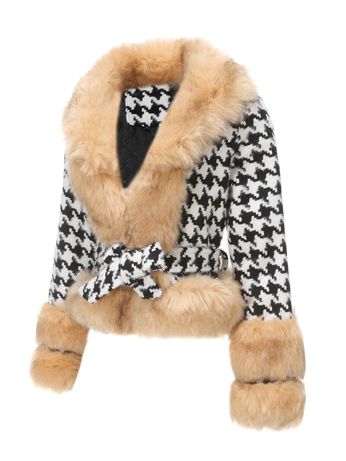 Apricot 1950s Houndstooth Faux Fur Coat - Image 2
