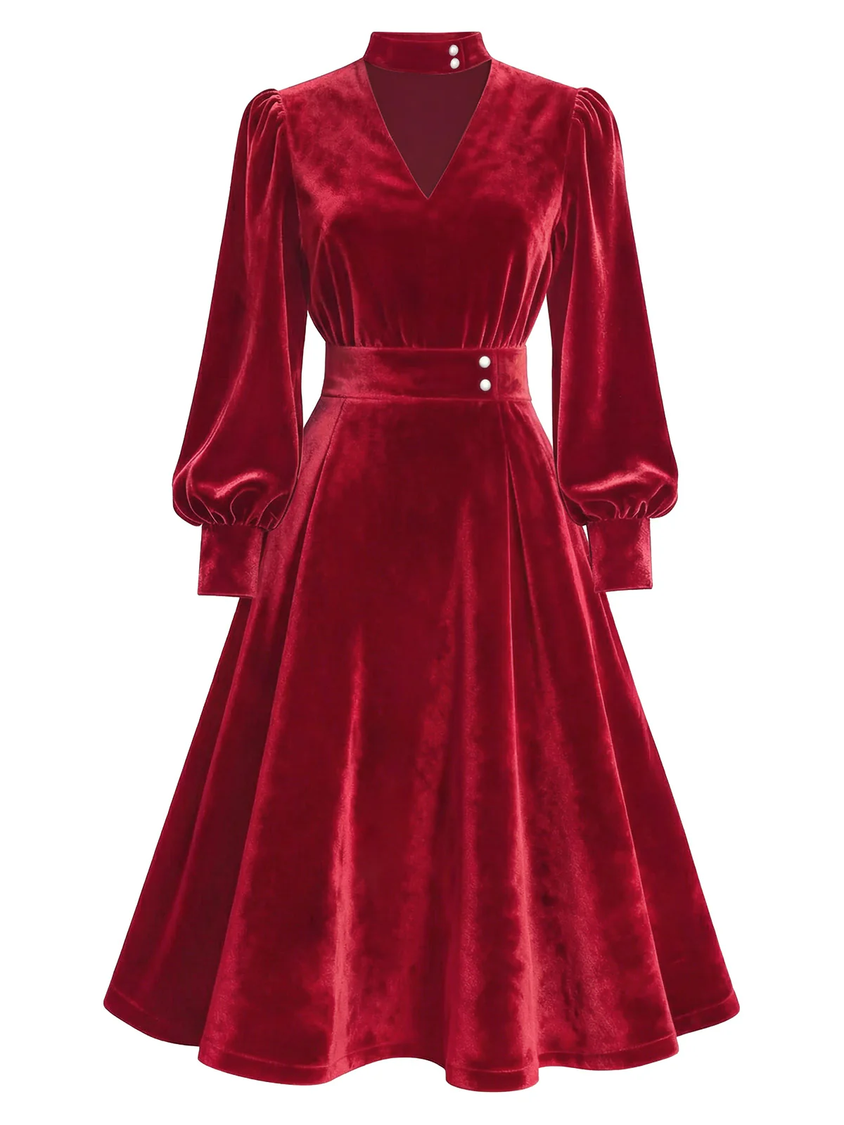 Red 1950s Keyhole V-Neck Pearl Velvet Dress - Image 2
