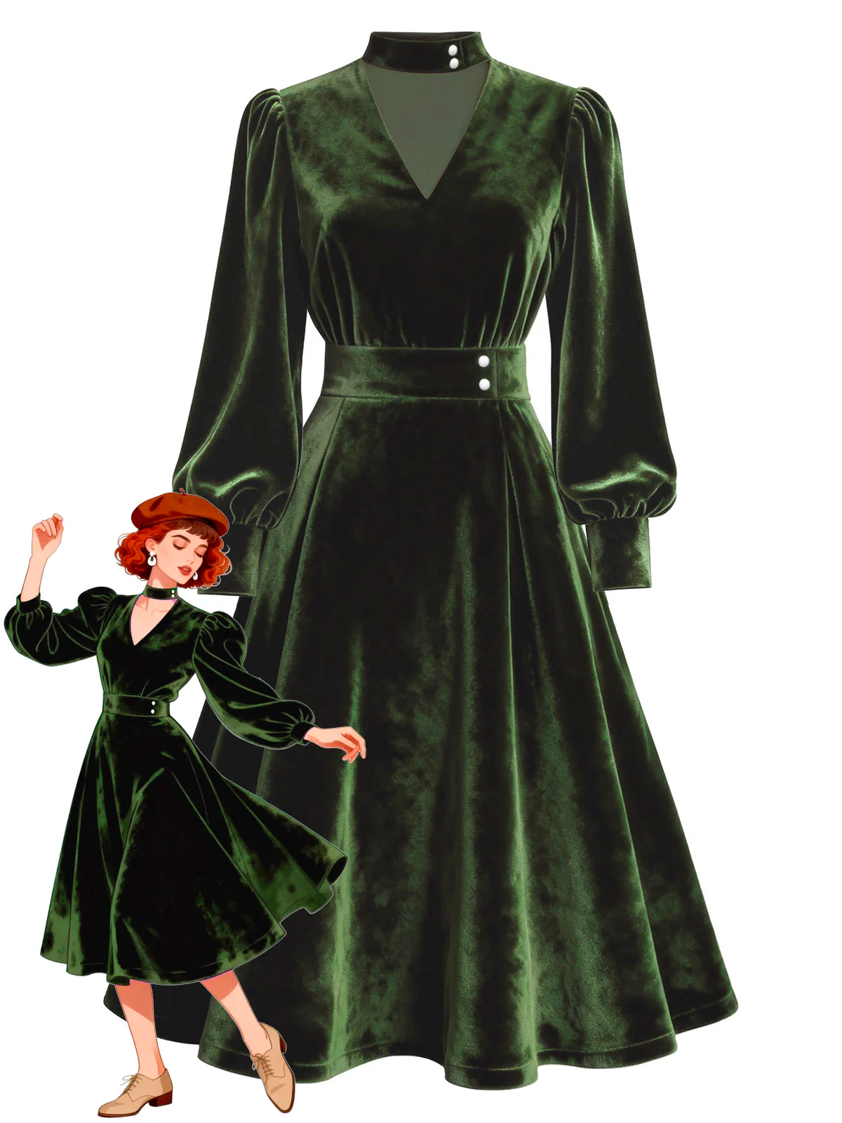 Red 1950s Keyhole V-Neck Pearl Velvet Dress - Image 4