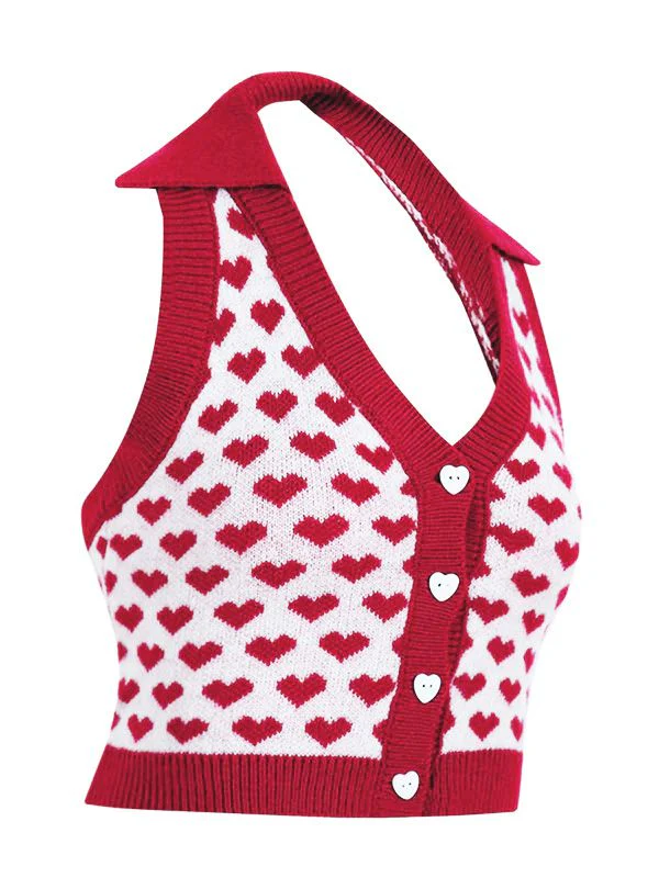 Red 1950s Knitting Heart Halter Button Tops - Image 2