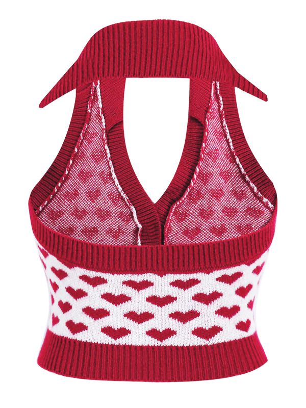 Red 1950s Knitting Heart Halter Button Tops - Image 3