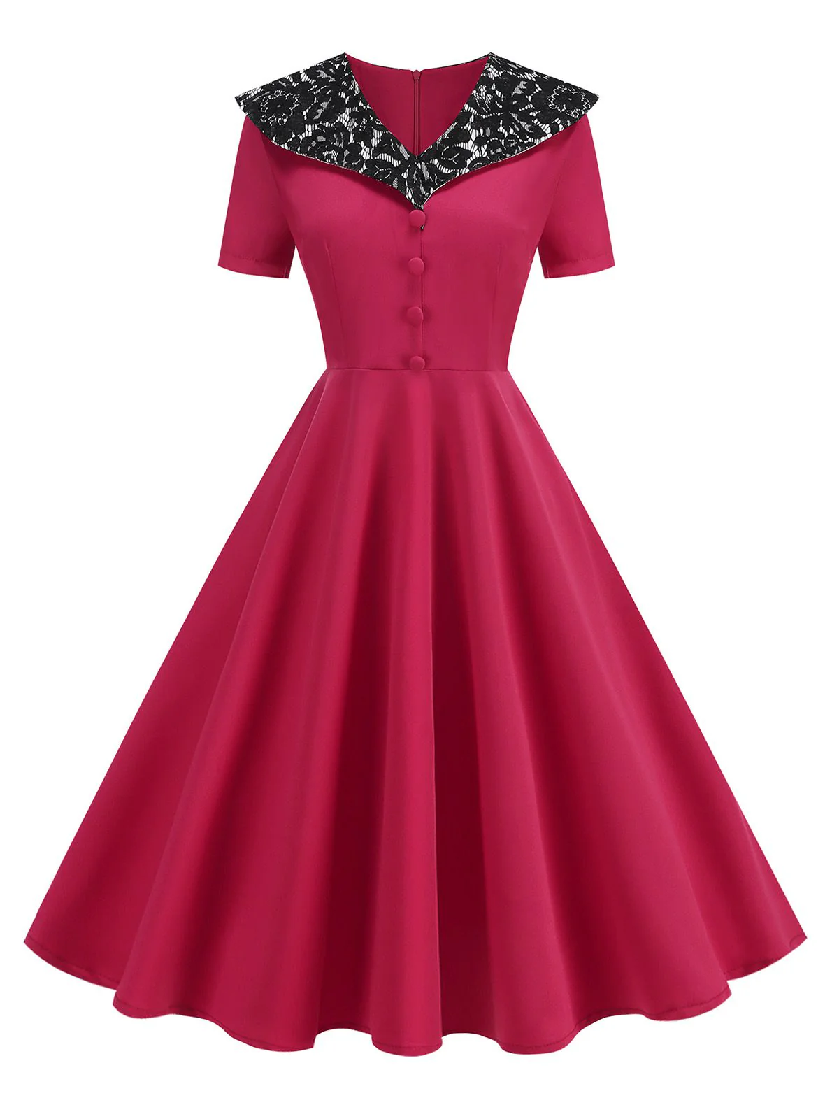 Red 1950s Lace Floral Sailor Collar Swing Dress - Image 2