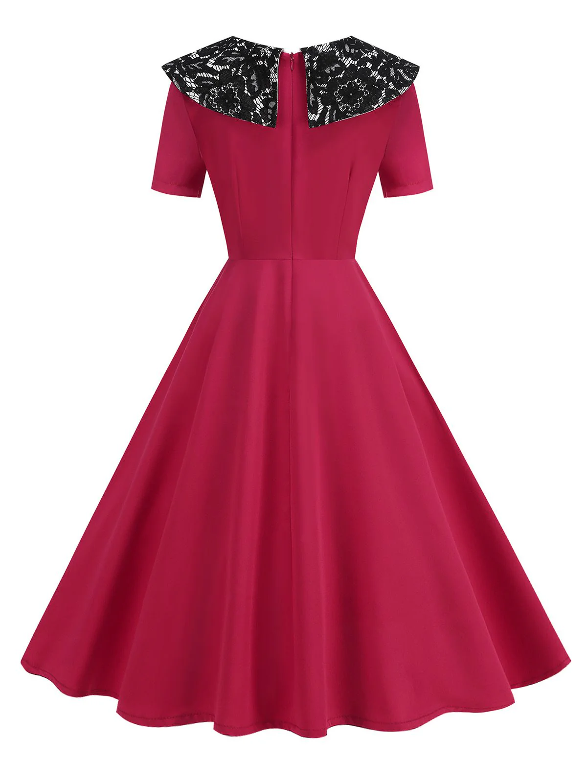 Red 1950s Lace Floral Sailor Collar Swing Dress - Image 3