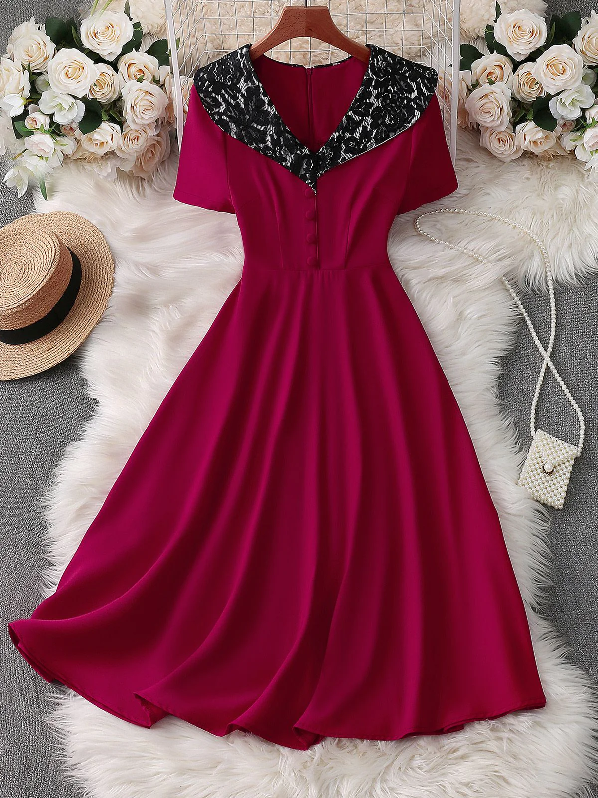 Red 1950s Lace Floral Sailor Collar Swing Dress - Image 4