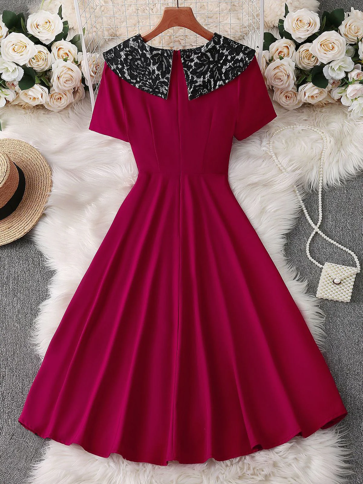 Red 1950s Lace Floral Sailor Collar Swing Dress - Image 5