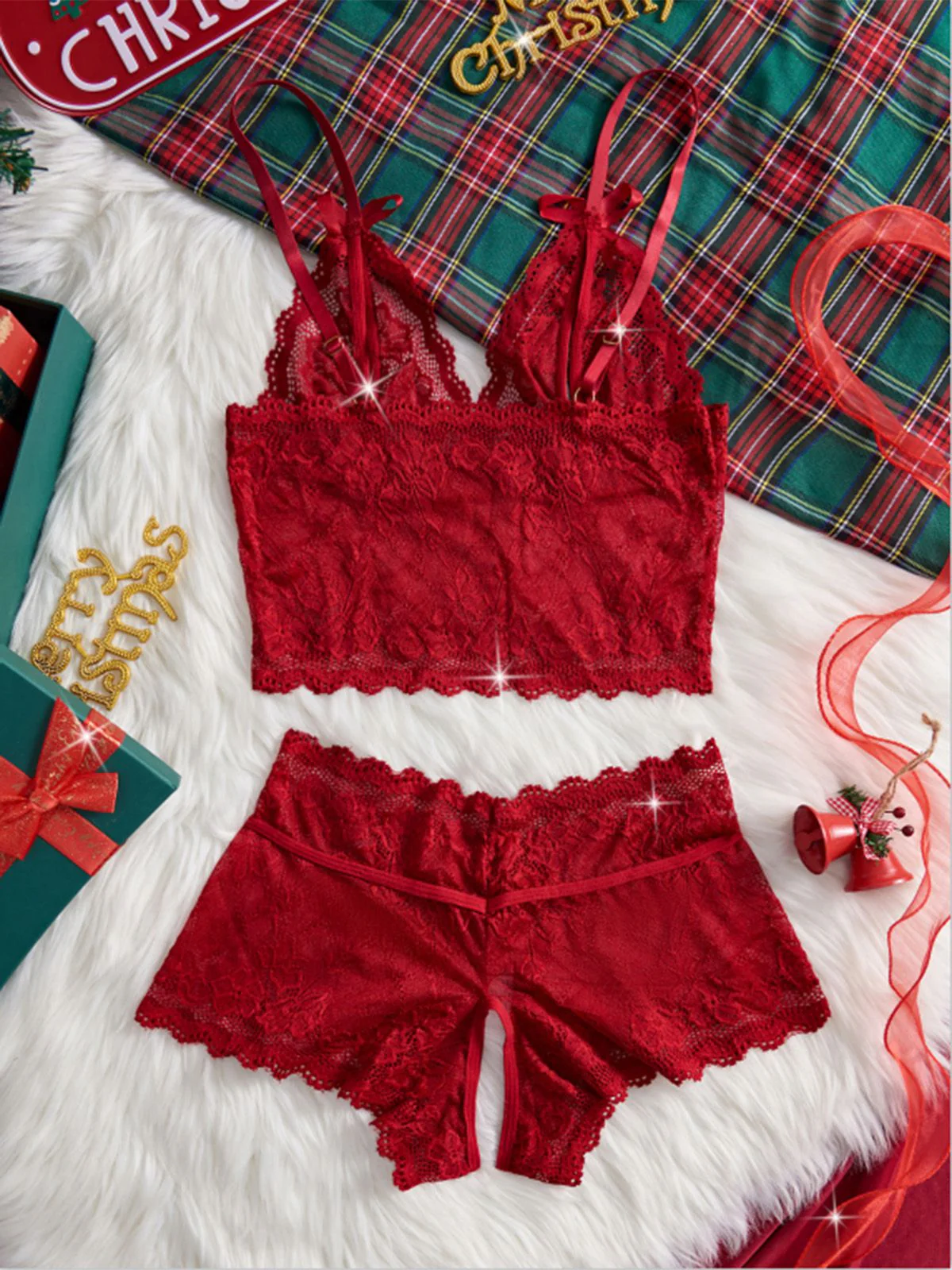 Red 1950s Lace Sheer Spaghetti Strap Sleepwear Set - Image 2