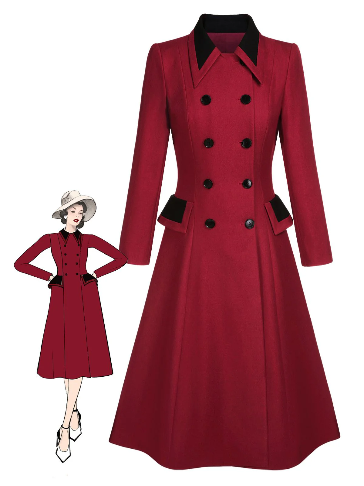 Red 1950s Lapel Double Breasted Coat - Image 2