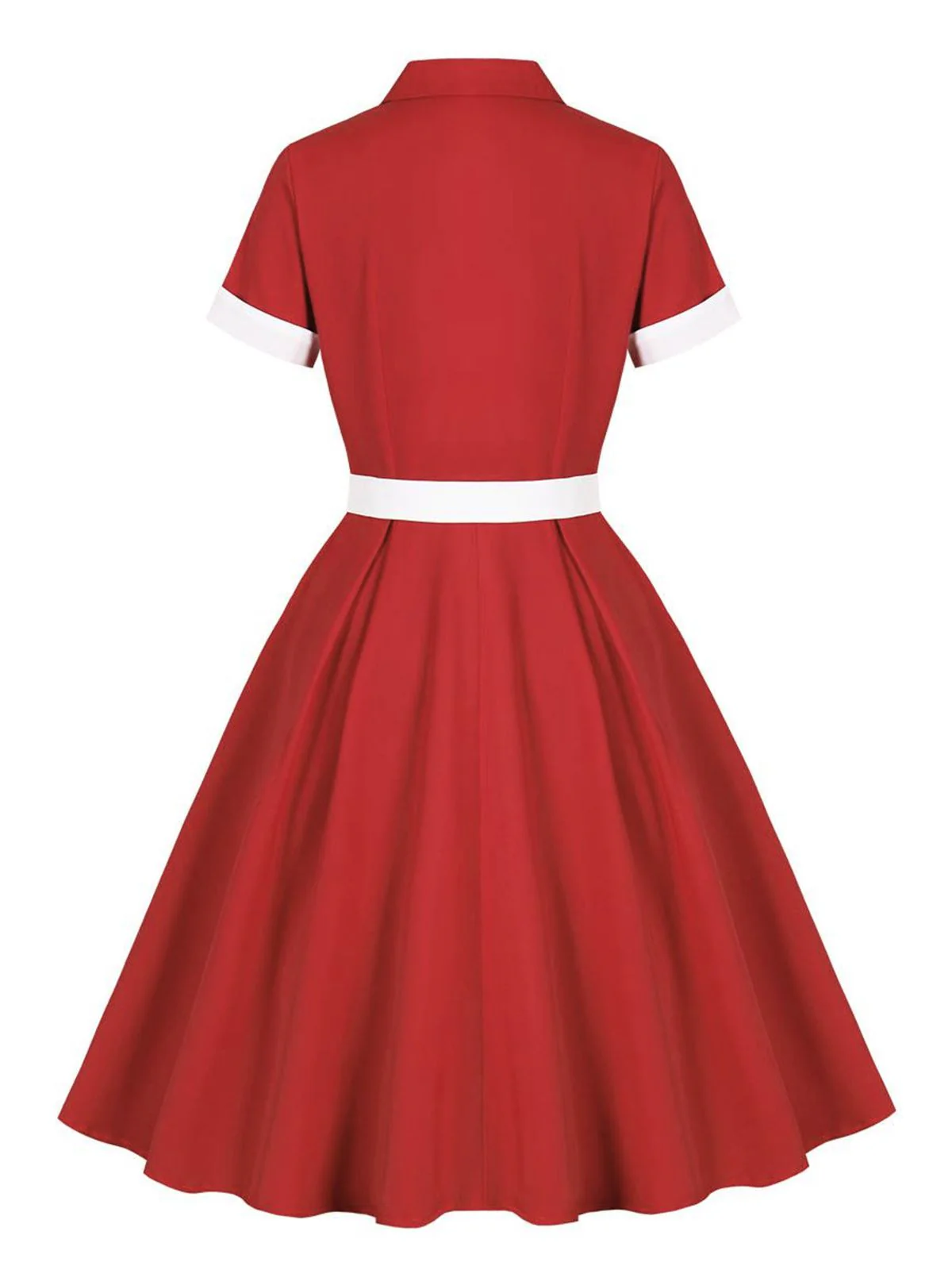 Red 1950s Lapel Patchwork Belt Dress - Image 2