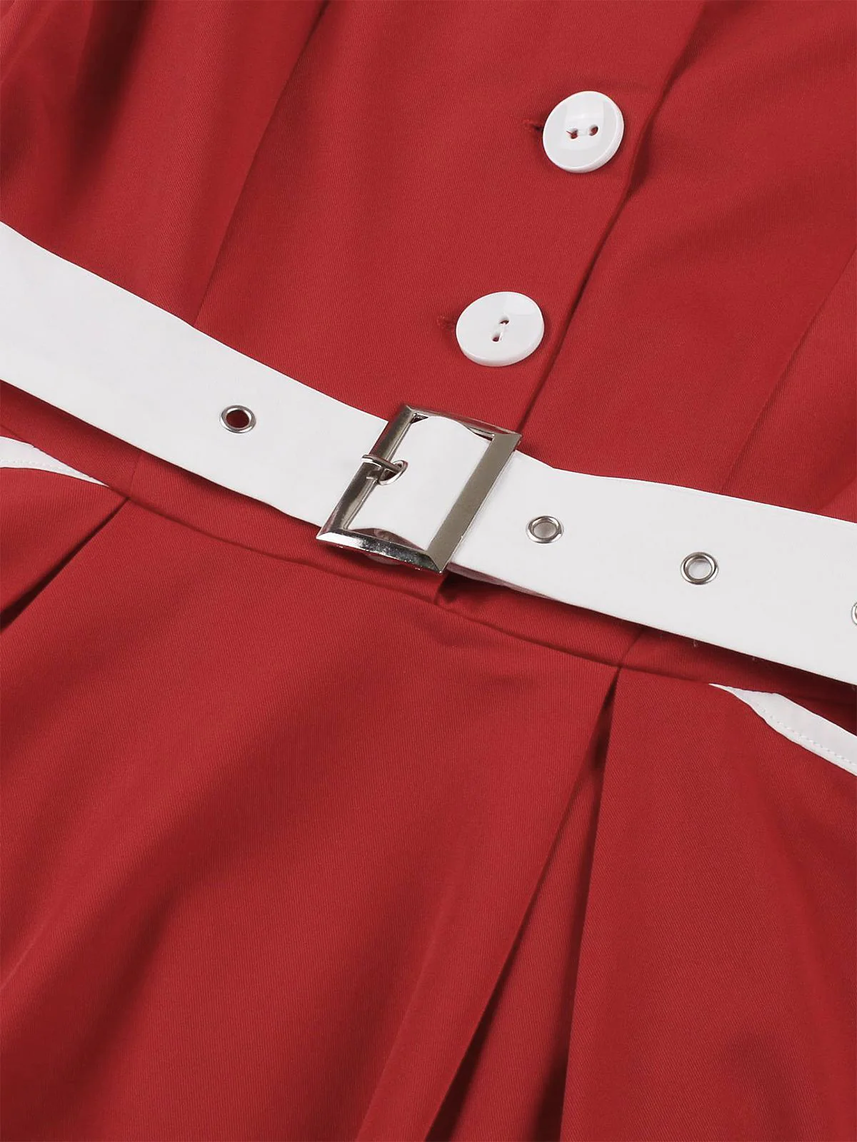 Red 1950s Lapel Patchwork Belt Dress - Image 3