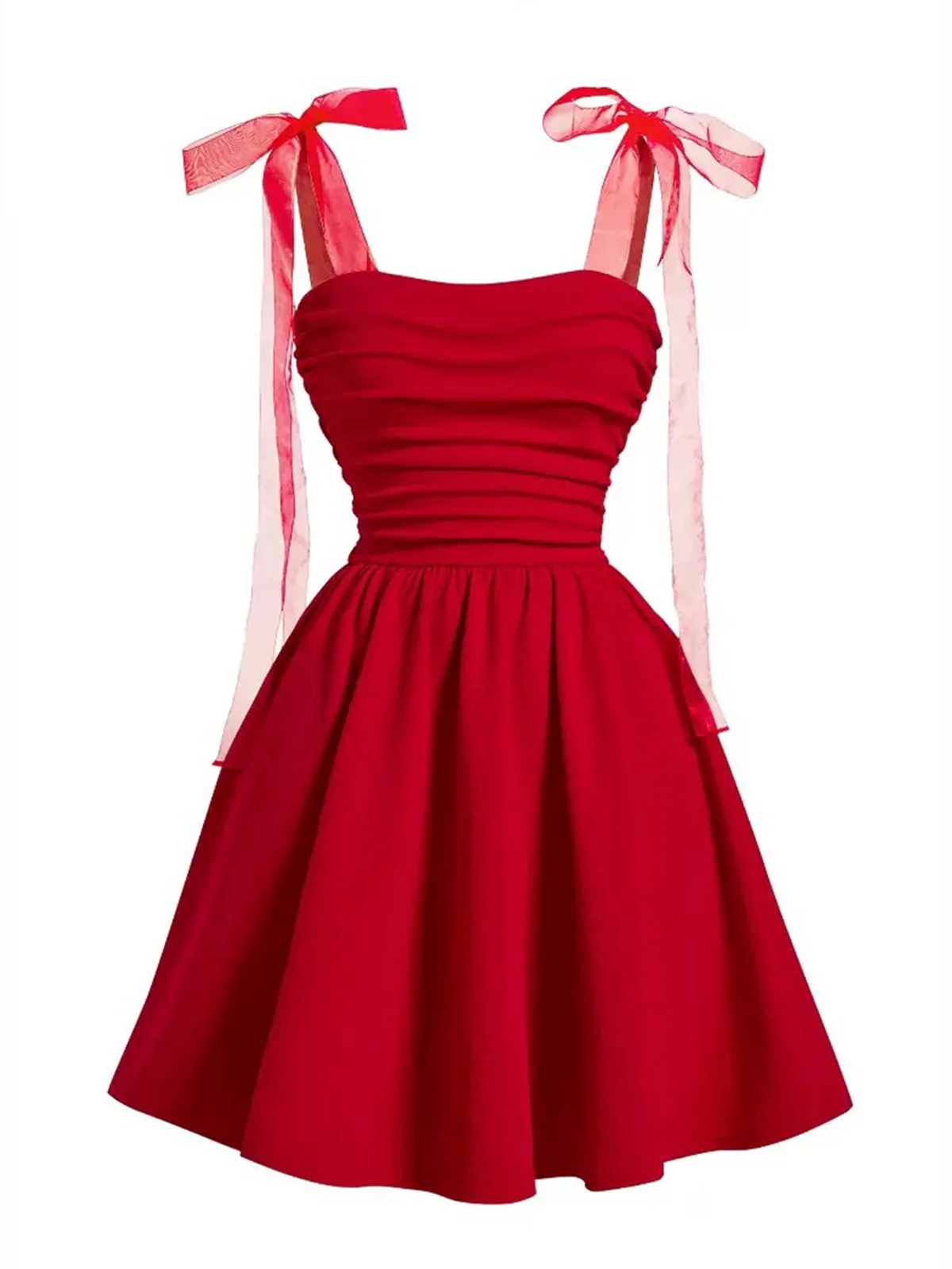 Red 1950s Mesh Bow Strap Ruched Dress - Image 2