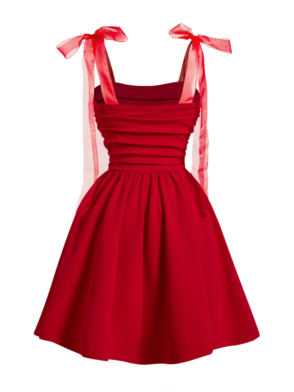 Red 1950s Mesh Bow Strap Ruched Dress - Image 3