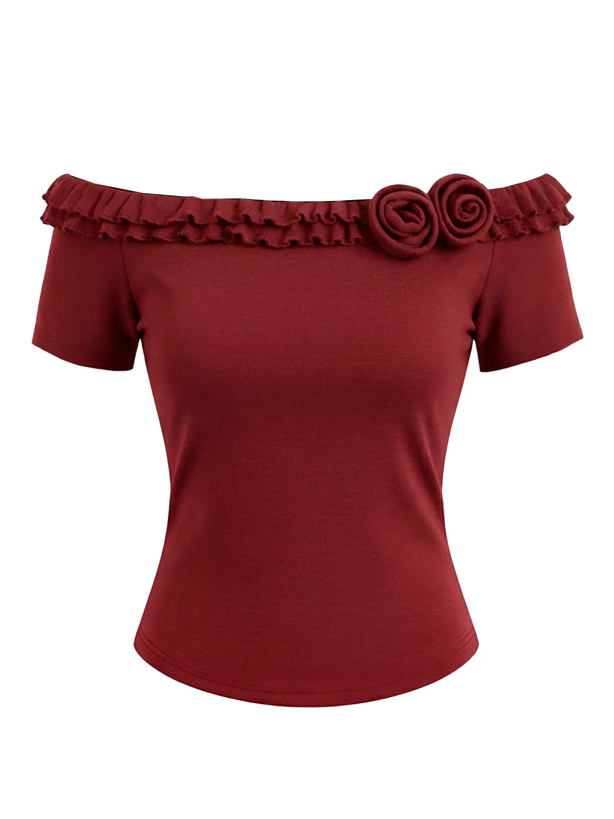 Red 1950s Off-Shoulder Double Layer Ruffled Rose Knit Top - Image 2