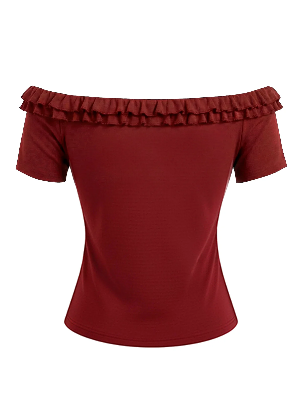 Red 1950s Off-Shoulder Double Layer Ruffled Rose Knit Top - Image 3