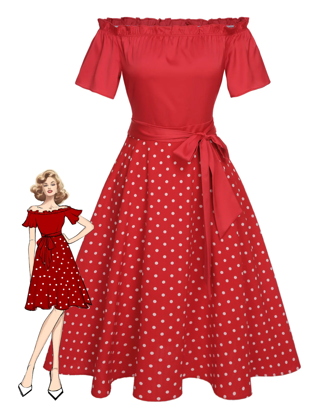 Red 1950s Off-Shoulder Polka Dots Belted Dress - Image 2