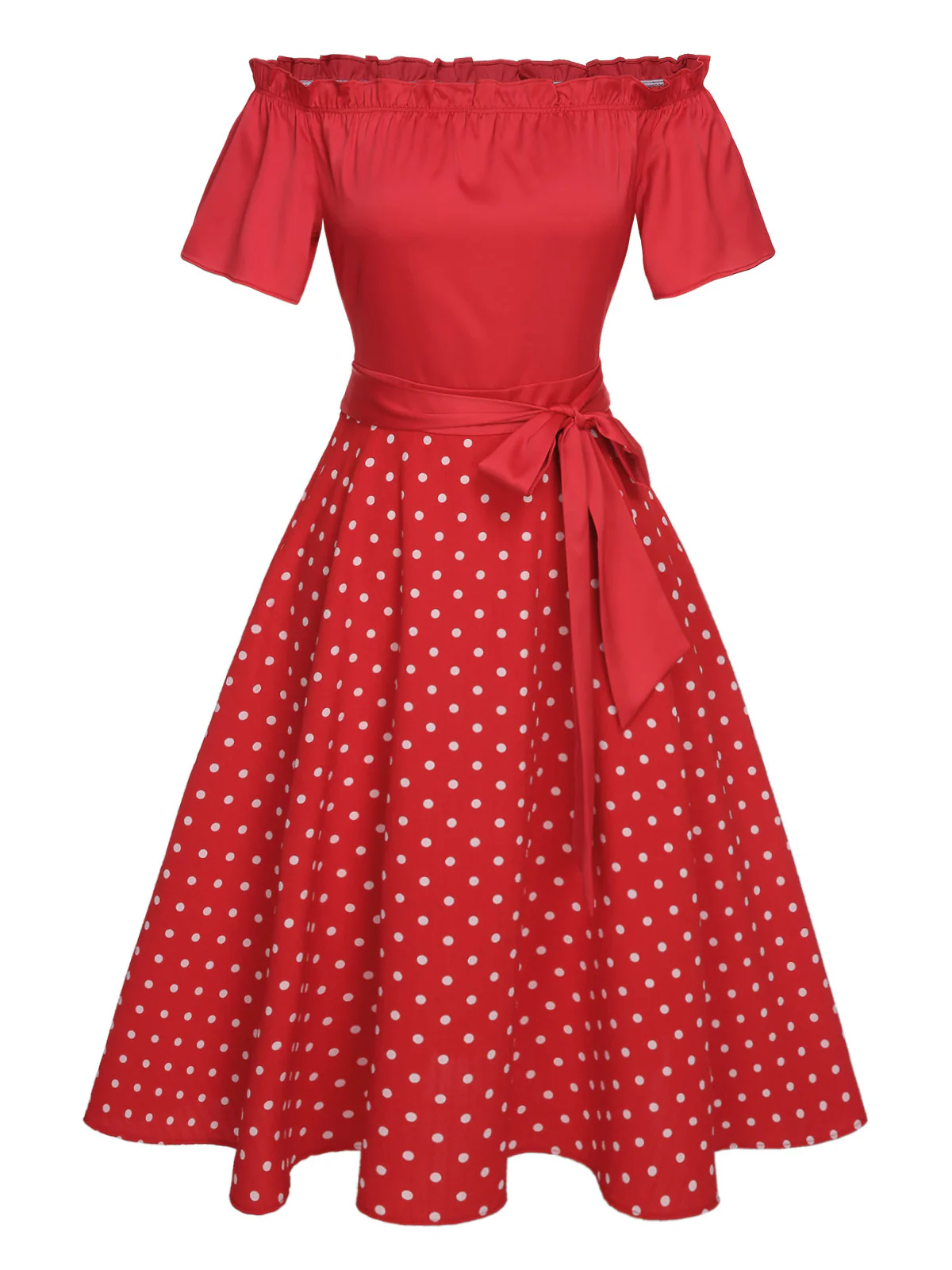 Red 1950s Off-Shoulder Polka Dots Belted Dress - Image 3