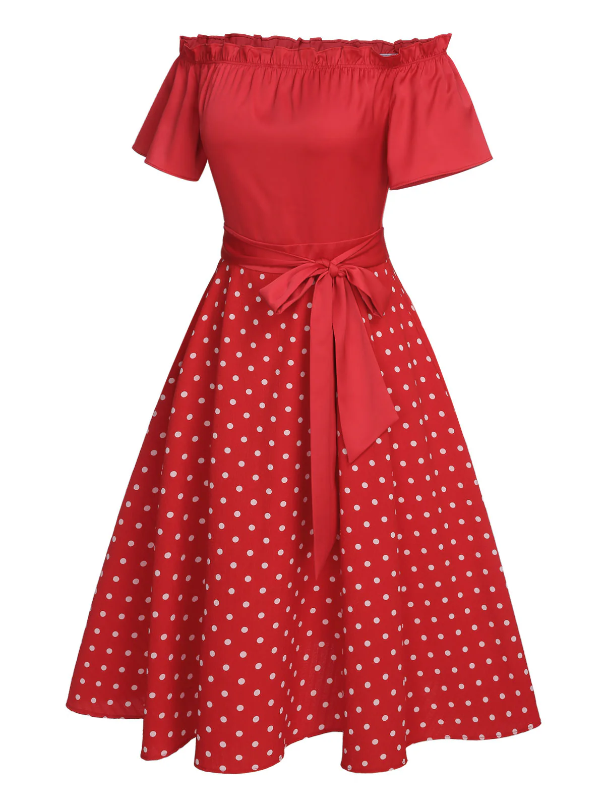 Red 1950s Off-Shoulder Polka Dots Belted Dress - Image 4