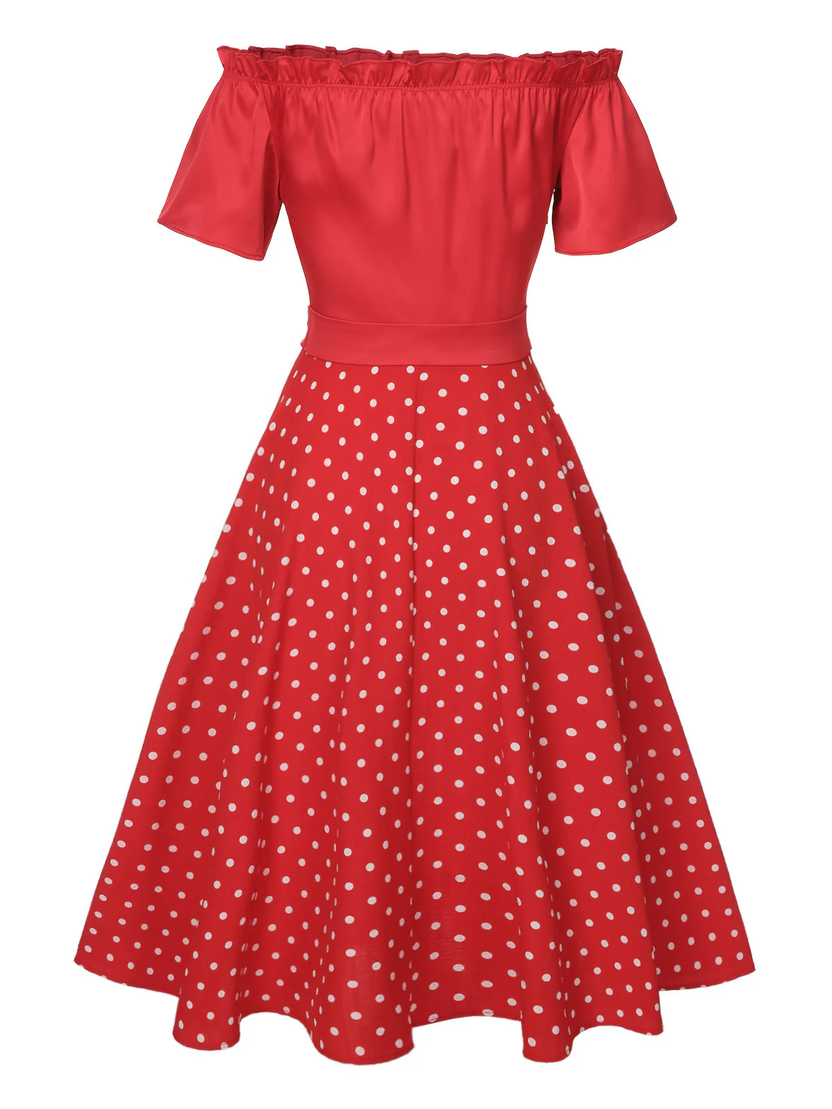 Red 1950s Off-Shoulder Polka Dots Belted Dress - Image 5