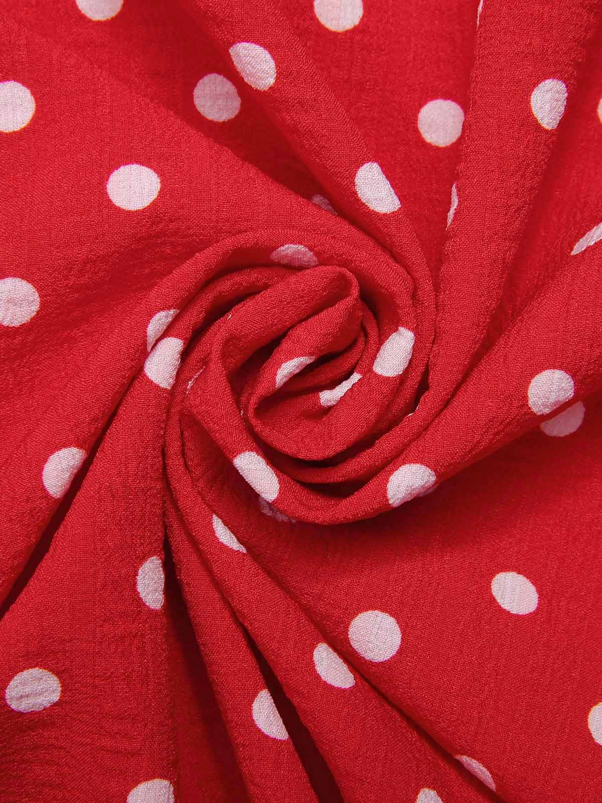 Red 1950s Off-Shoulder Polka Dots Belted Dress - Image 7