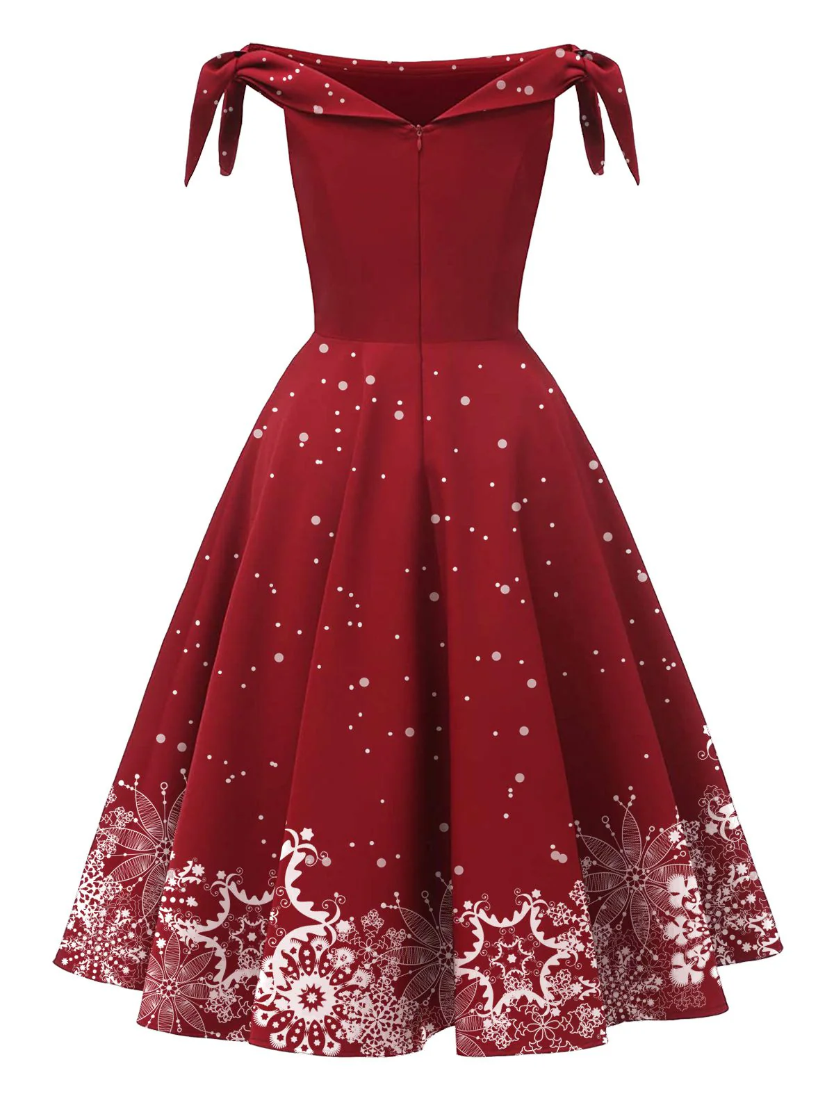 Red 1950s Off-shoulder Snowflake Dress - Image 3