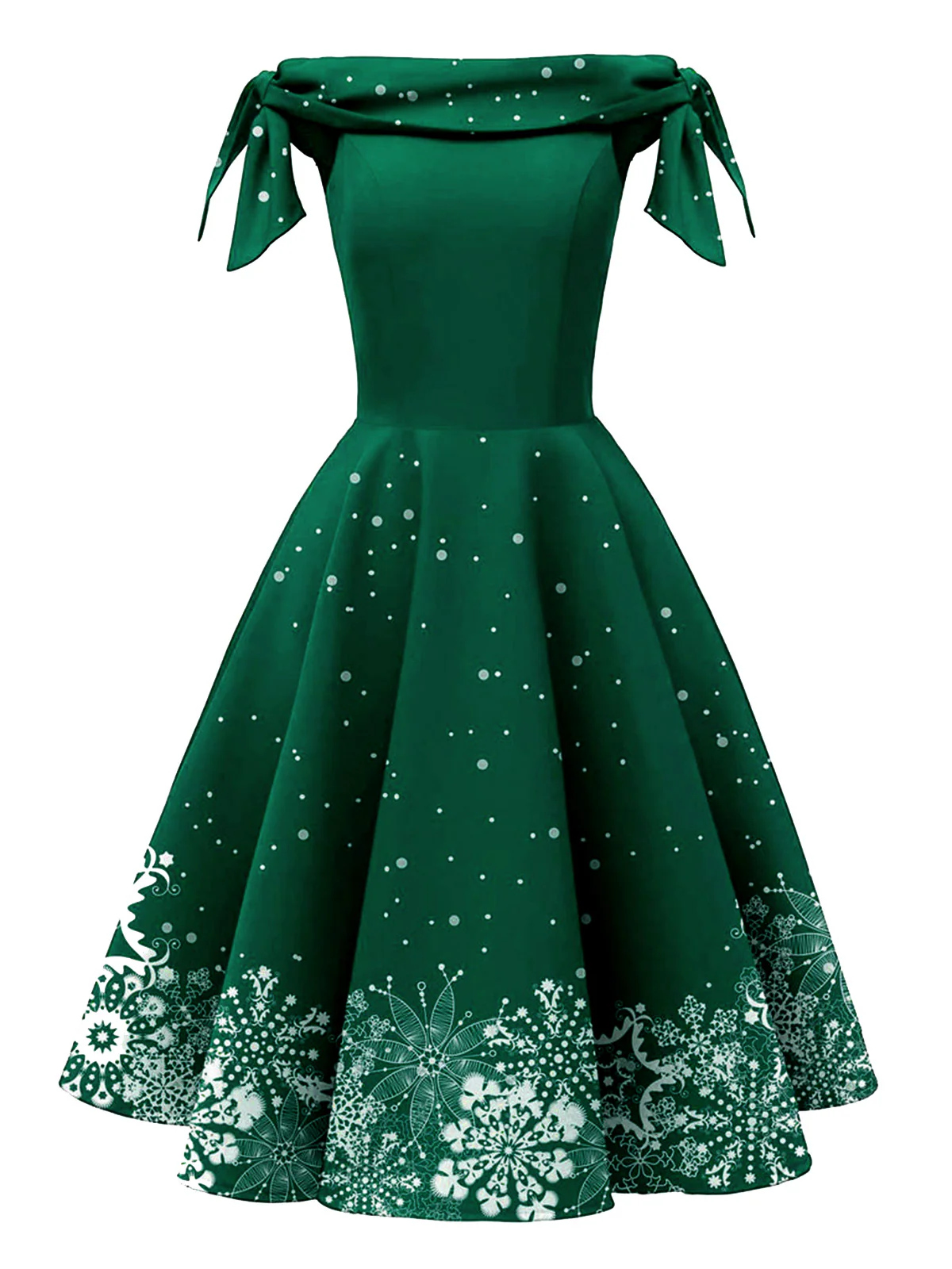 Red 1950s Off-shoulder Snowflake Dress - Image 4