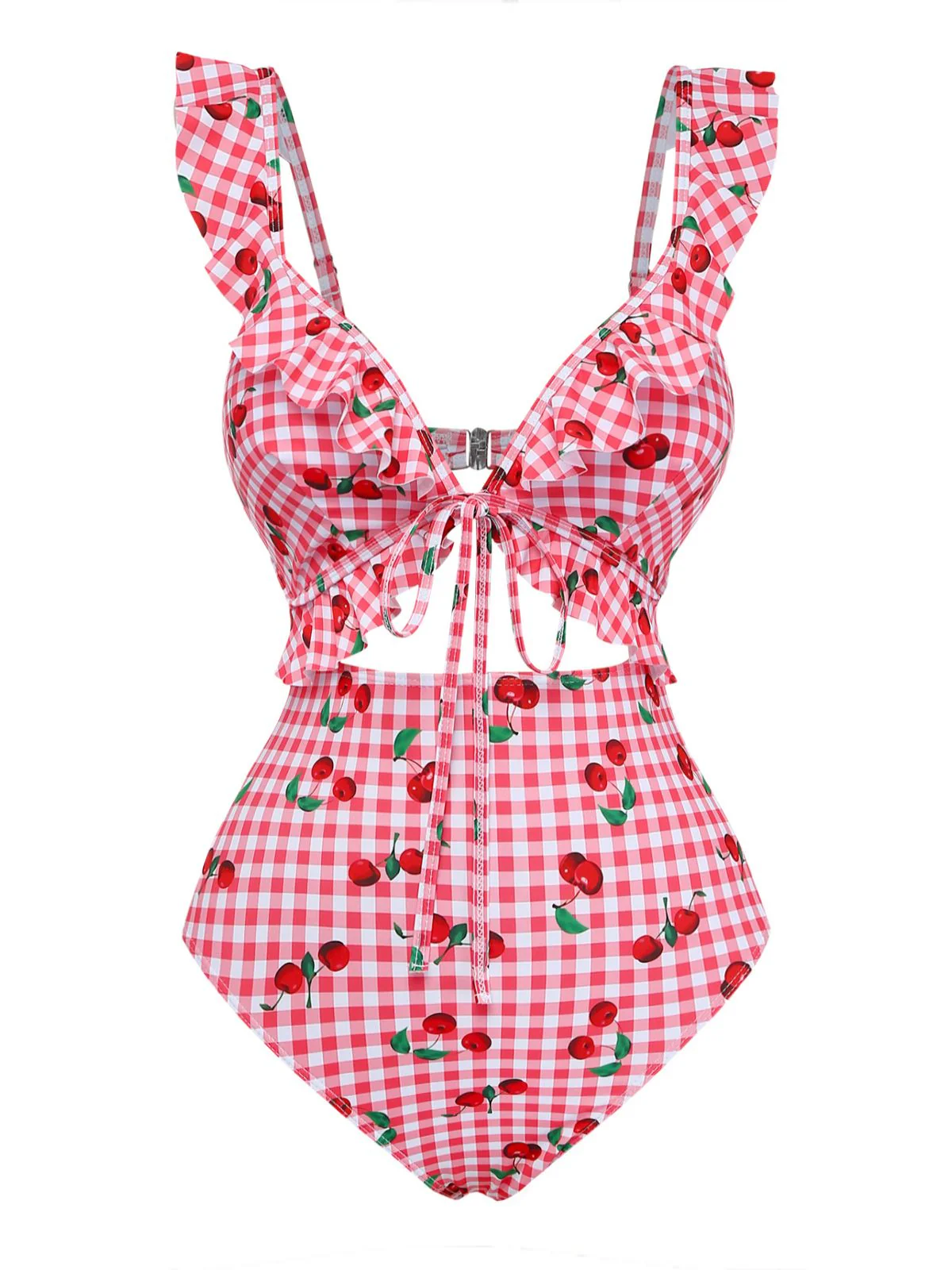 Red 1950s Plaid Cherry Ruffled Sweetheart Neck One-Piece Swimsuit - Image 2