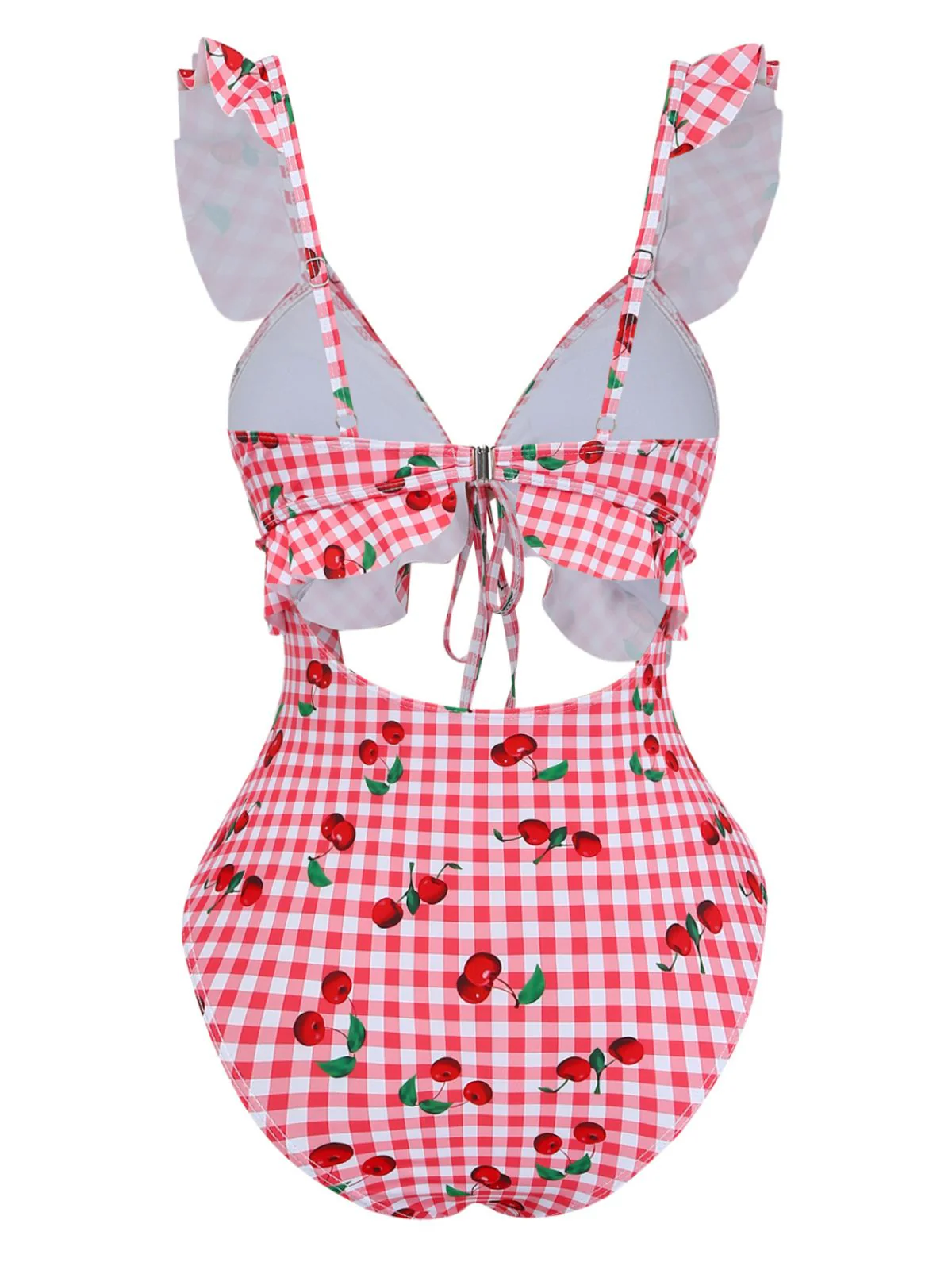 Red 1950s Plaid Cherry Ruffled Sweetheart Neck One-Piece Swimsuit - Image 3