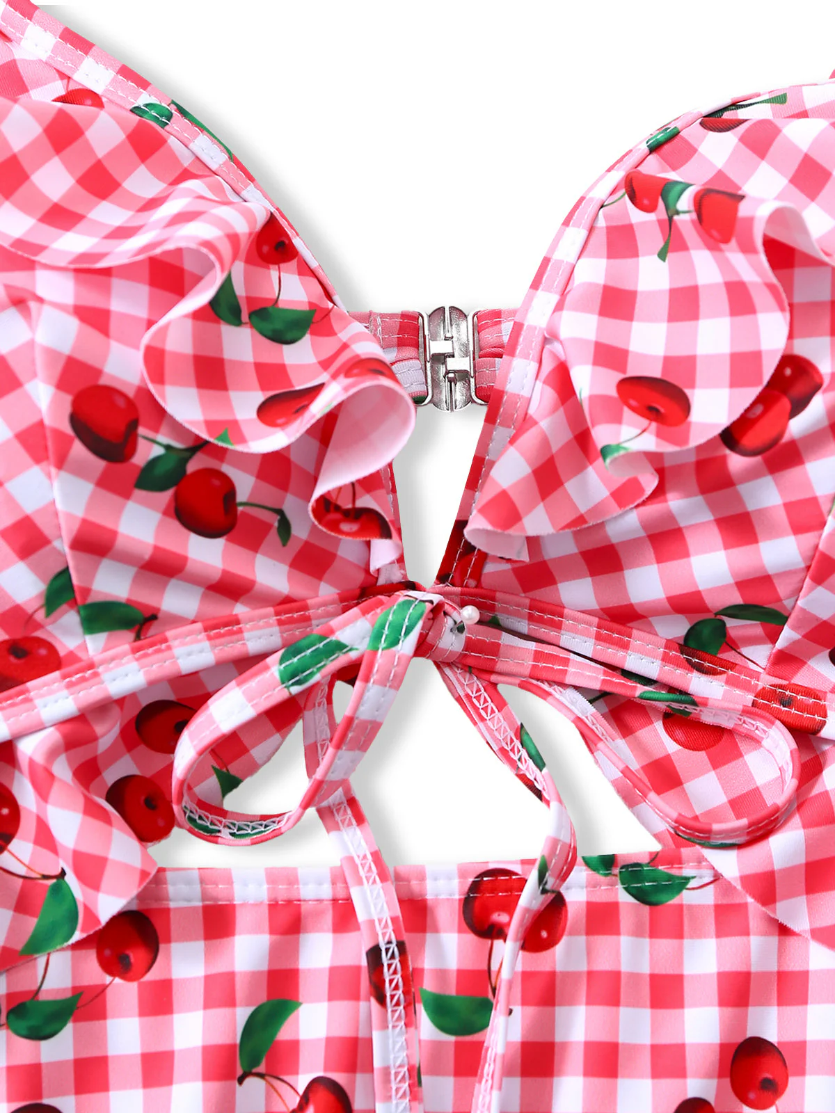 Red 1950s Plaid Cherry Ruffled Sweetheart Neck One-Piece Swimsuit - Image 4