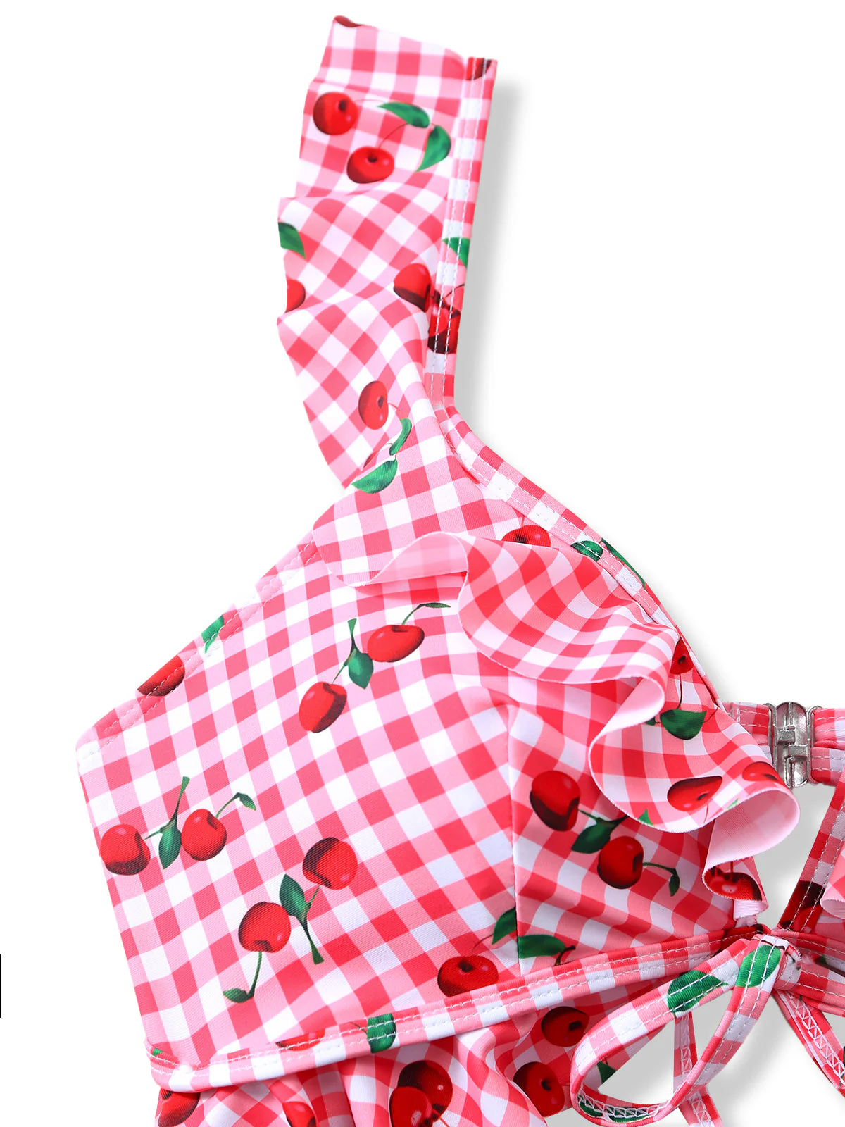 Red 1950s Plaid Cherry Ruffled Sweetheart Neck One-Piece Swimsuit - Image 5