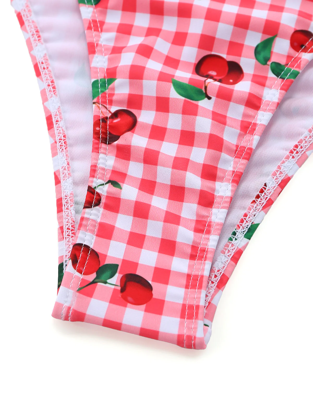 Red 1950s Plaid Cherry Ruffled Sweetheart Neck One-Piece Swimsuit - Image 6