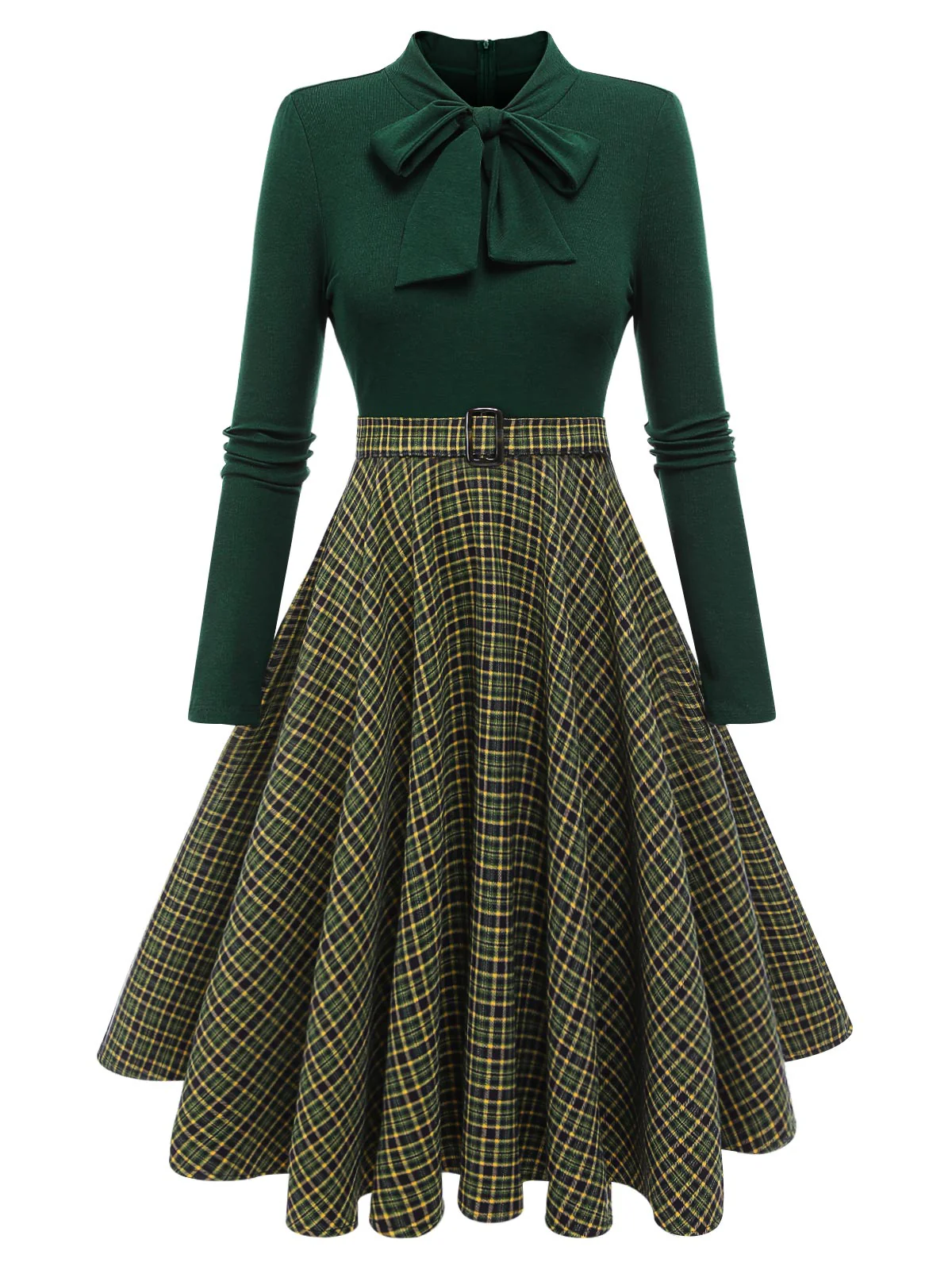 [Pre-Sale] Dark Green 1950s Plaid Knitting Dress - Image 3