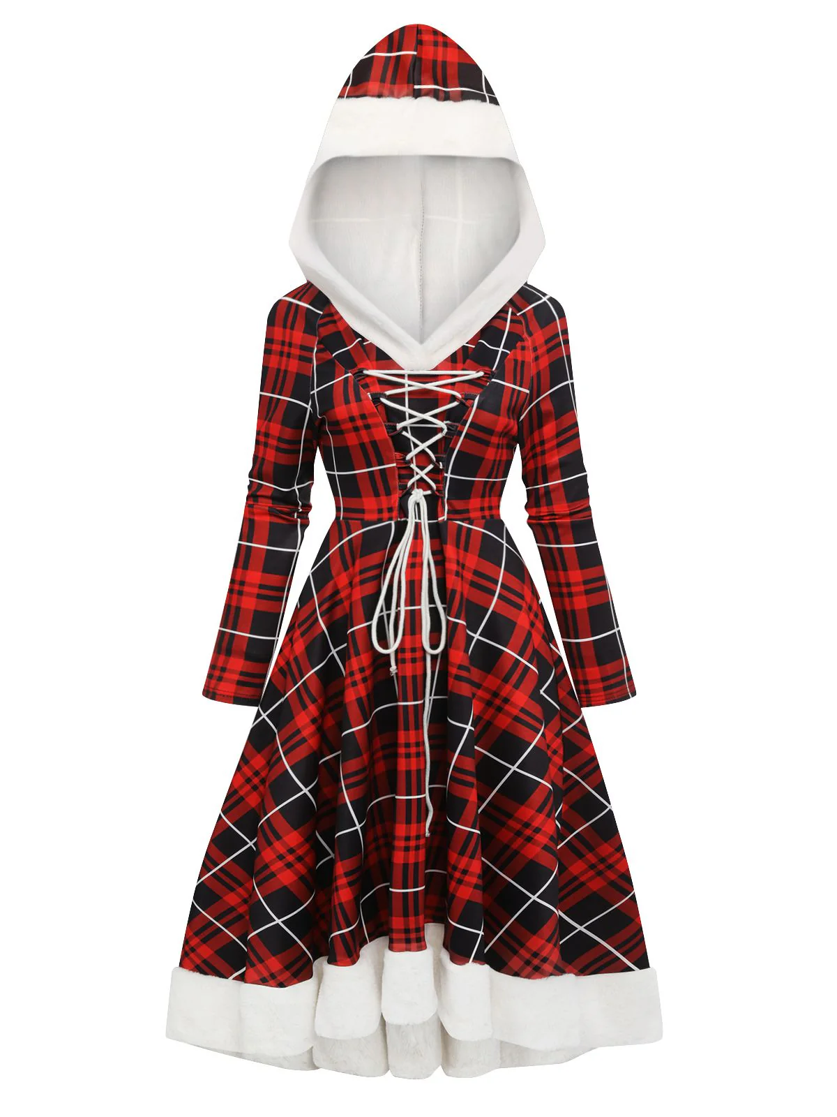 Red 1950s Plaid Lace-up Hooded Dress - Image 2
