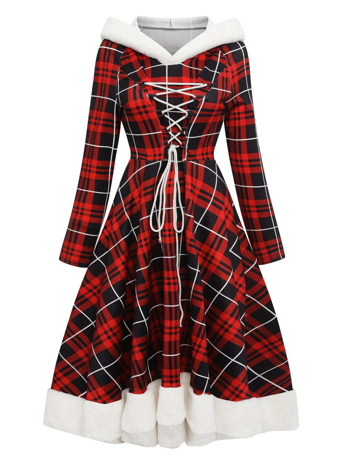 Red 1950s Plaid Lace-up Hooded Dress - Image 3