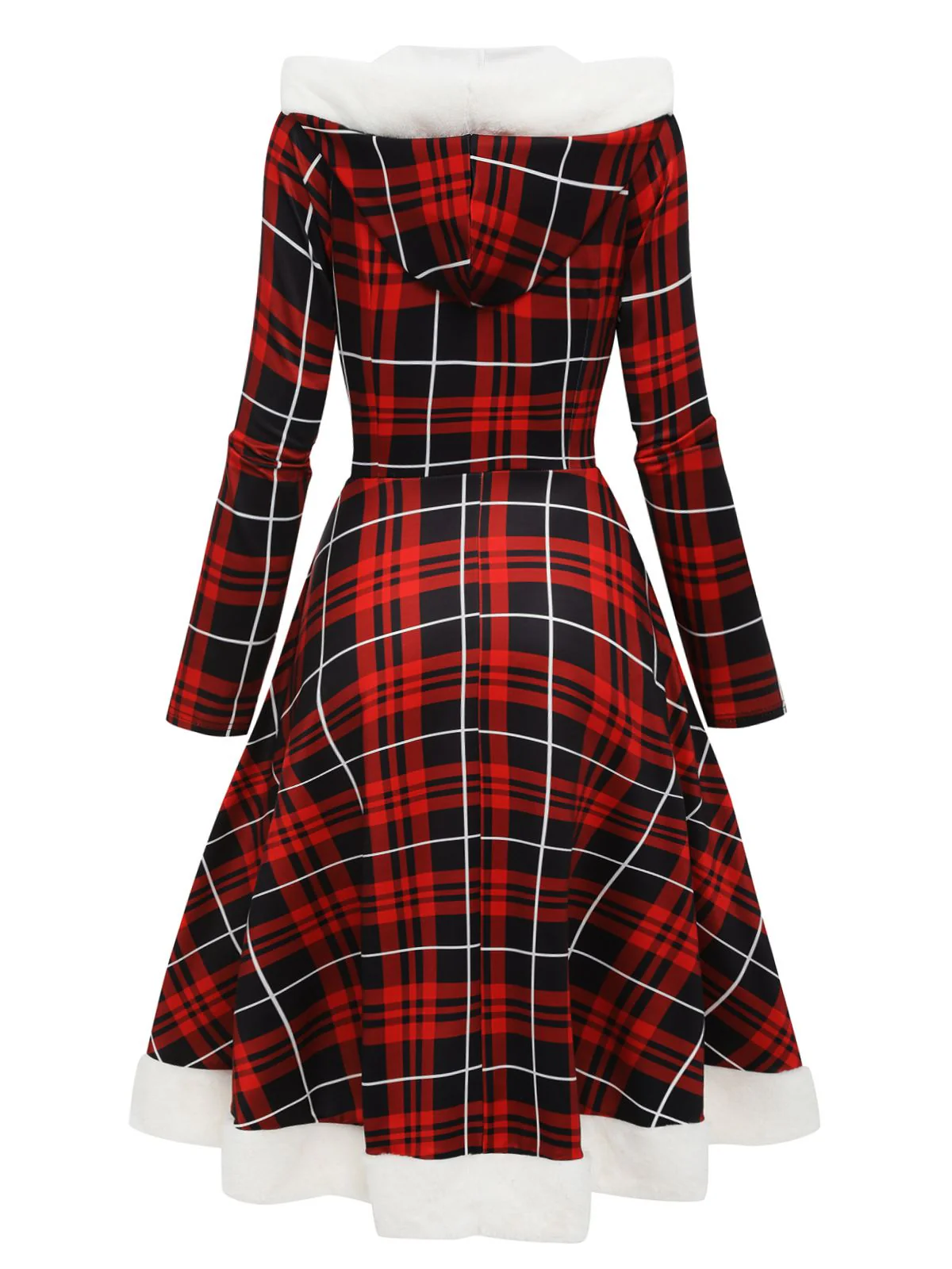 Red 1950s Plaid Lace-up Hooded Dress - Image 4