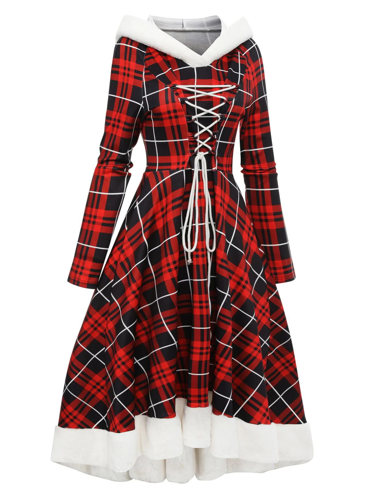 Red 1950s Plaid Lace-up Hooded Dress - Image 5