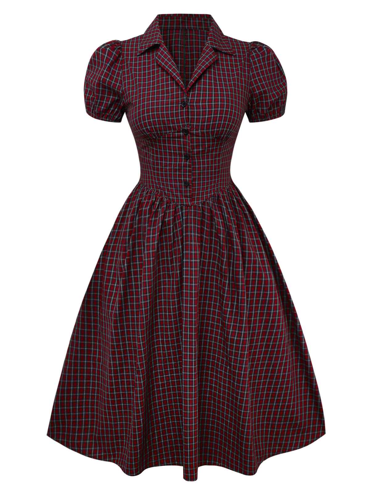Red 1950s Plaid Lapel Puff Sleeves Cotton Dress - Image 2
