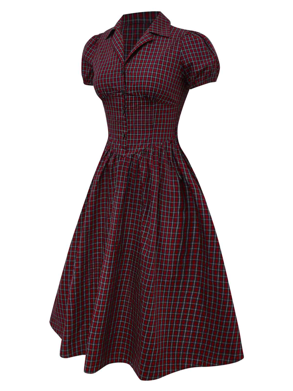 Red 1950s Plaid Lapel Puff Sleeves Cotton Dress - Image 3