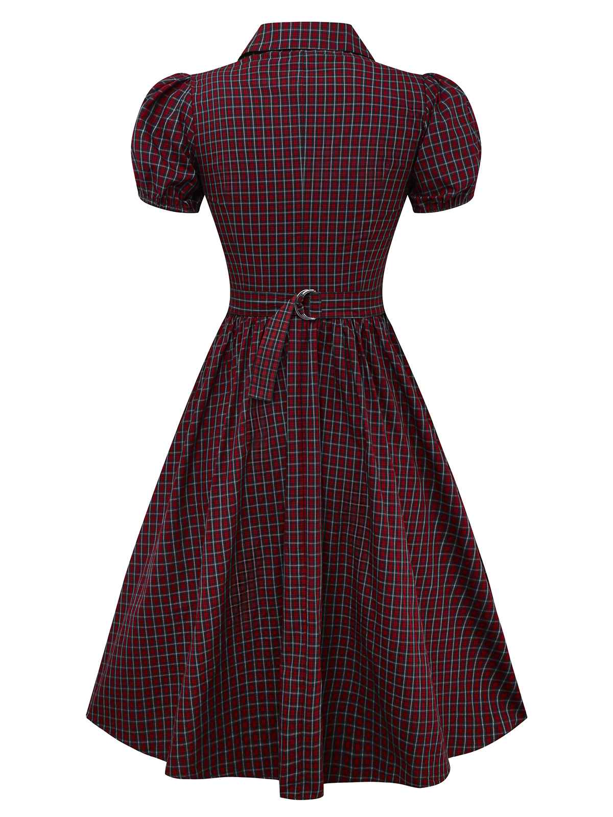 Red 1950s Plaid Lapel Puff Sleeves Cotton Dress - Image 4
