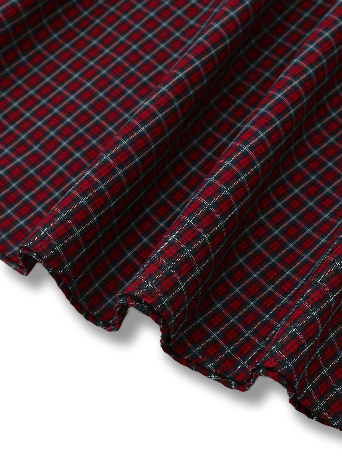 Red 1950s Plaid Lapel Puff Sleeves Cotton Dress - Image 5