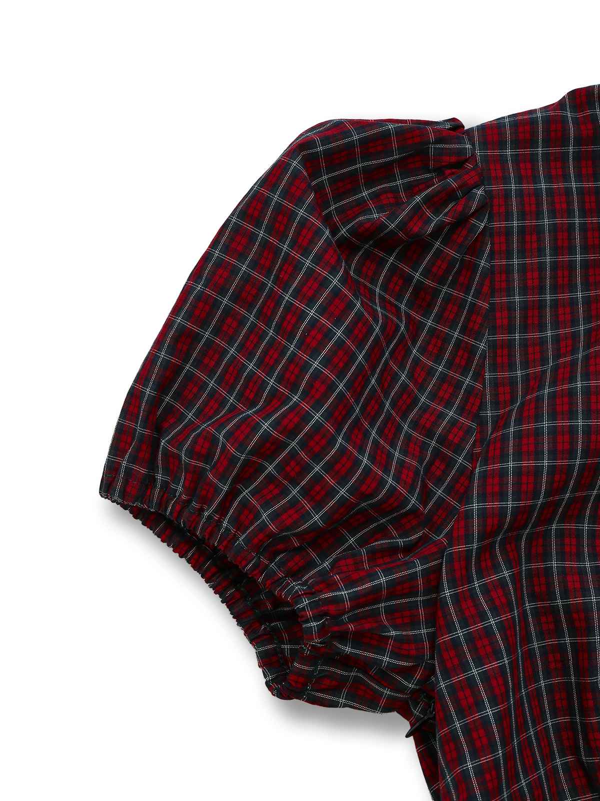 Red 1950s Plaid Lapel Puff Sleeves Cotton Dress - Image 7