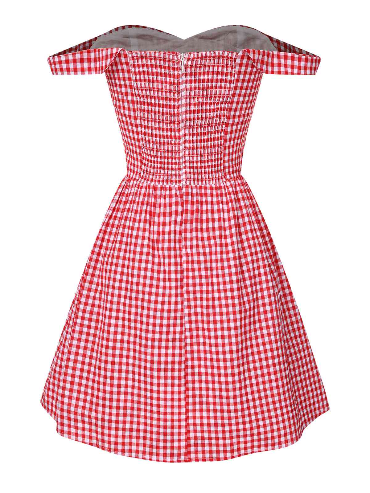 Red 1950s Plaid Off-Shoulder Swing Dress - Image 2