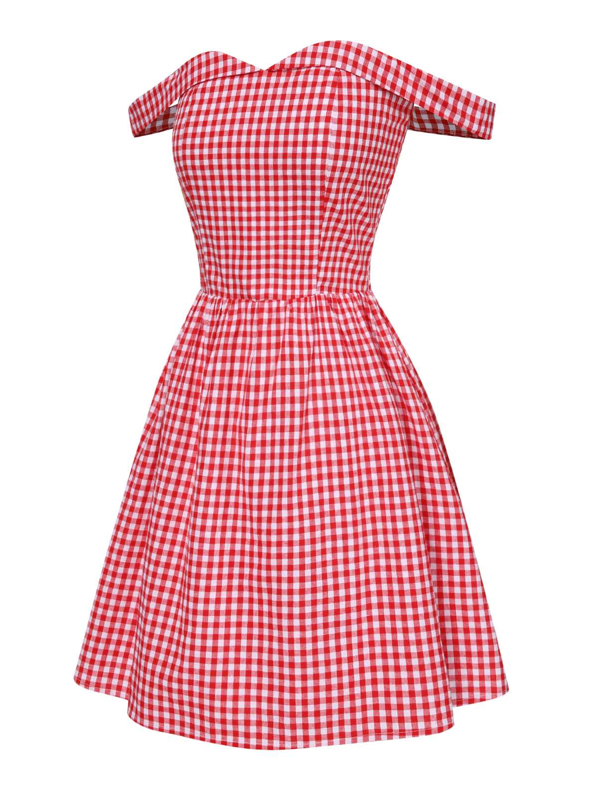 Red 1950s Plaid Off-Shoulder Swing Dress - Image 3
