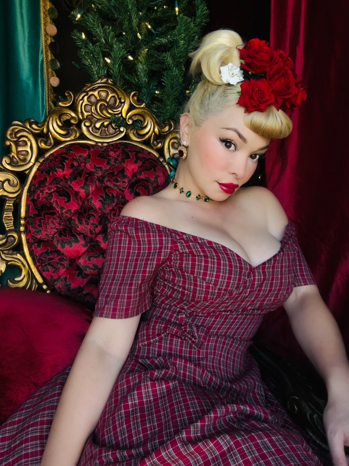 Red 1950s Plaid Ruched Sweetheart Neck Bow Dress - Image 2