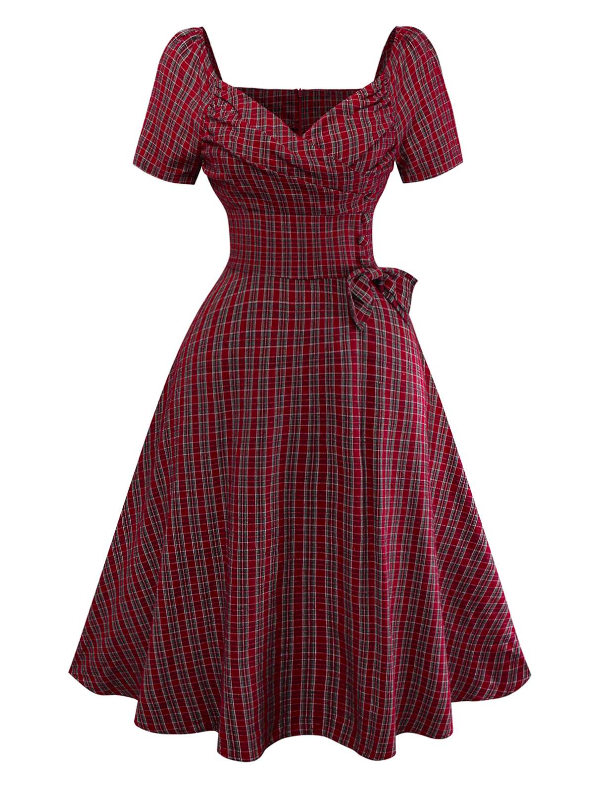 Red 1950s Plaid Ruched Sweetheart Neck Bow Dress - Image 2