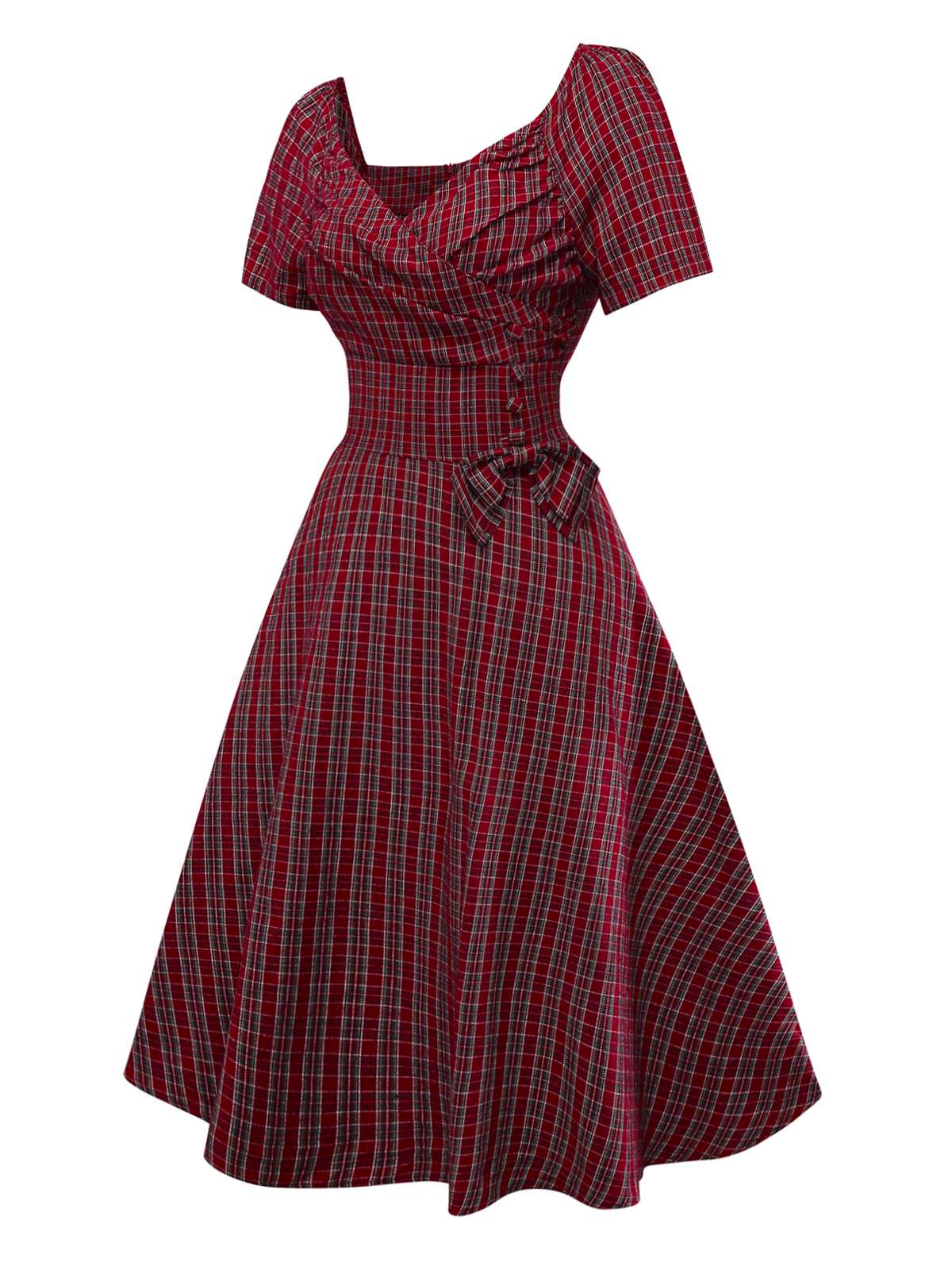 Red 1950s Plaid Ruched Sweetheart Neck Bow Dress - Image 3