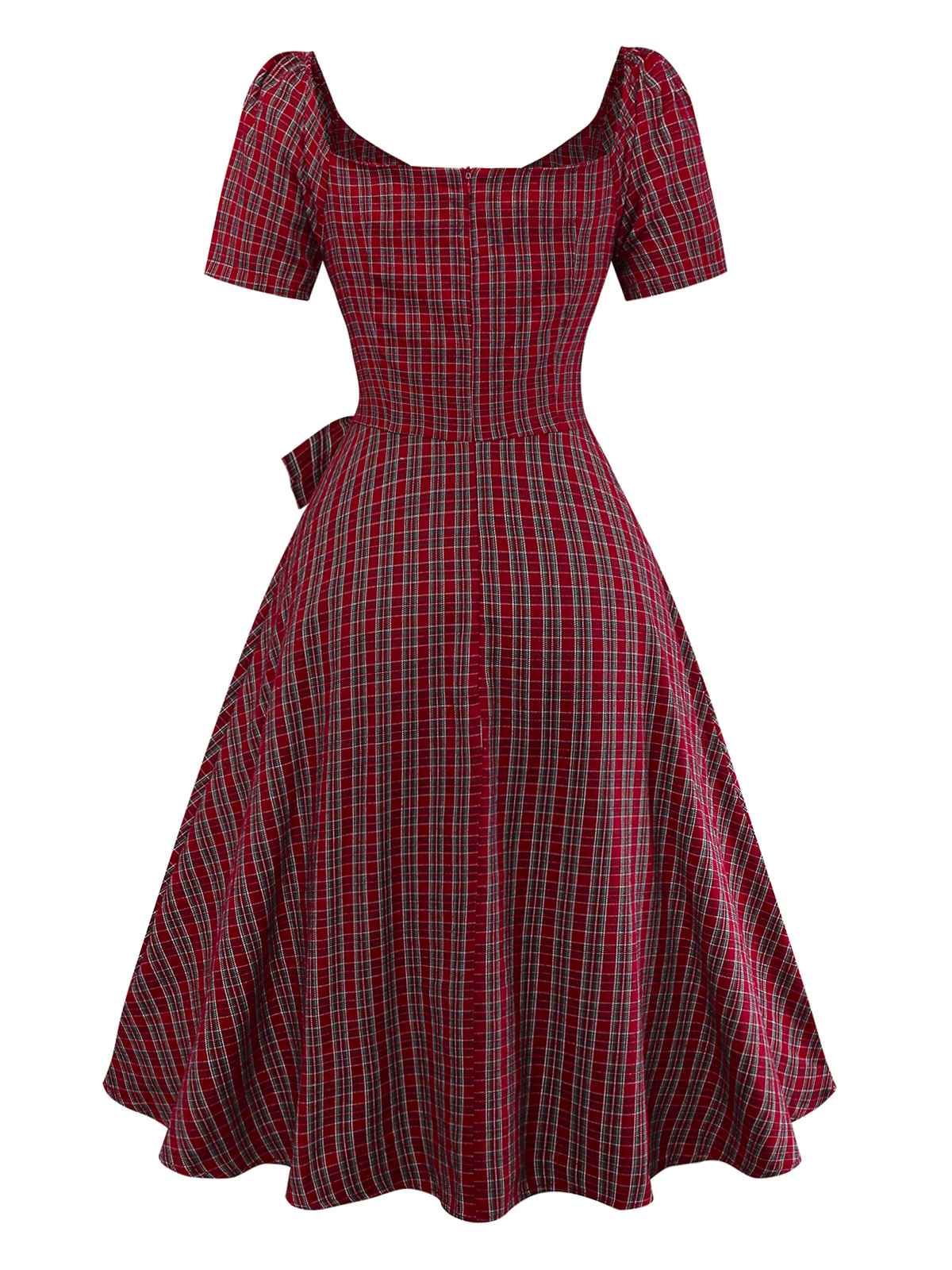 Red 1950s Plaid Ruched Sweetheart Neck Bow Dress - Image 4