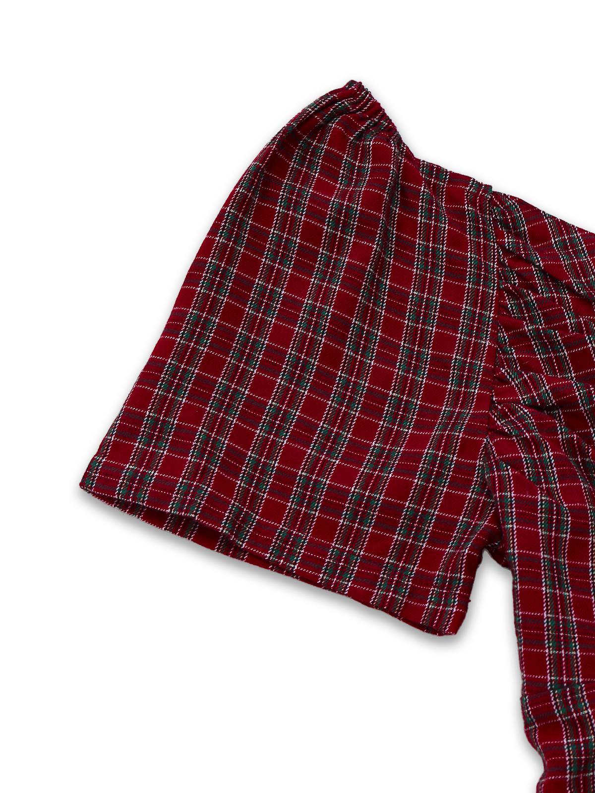 Red 1950s Plaid Ruched Sweetheart Neck Bow Dress - Image 5